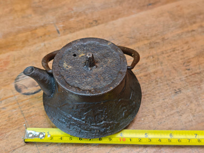 Japanese Tetsubin 1940s Cast Iron Teapot Hand Engraved Landscape Kettle