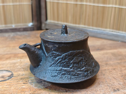 Japanese Tetsubin 1940s Cast Iron Teapot Hand Engraved Landscape Kettle