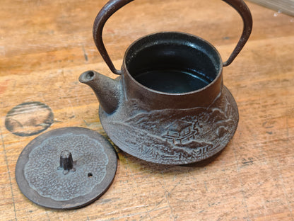 Vintage Japanese Tetsubin 1940s Cast Iron Tea Kettle Hand Engraved