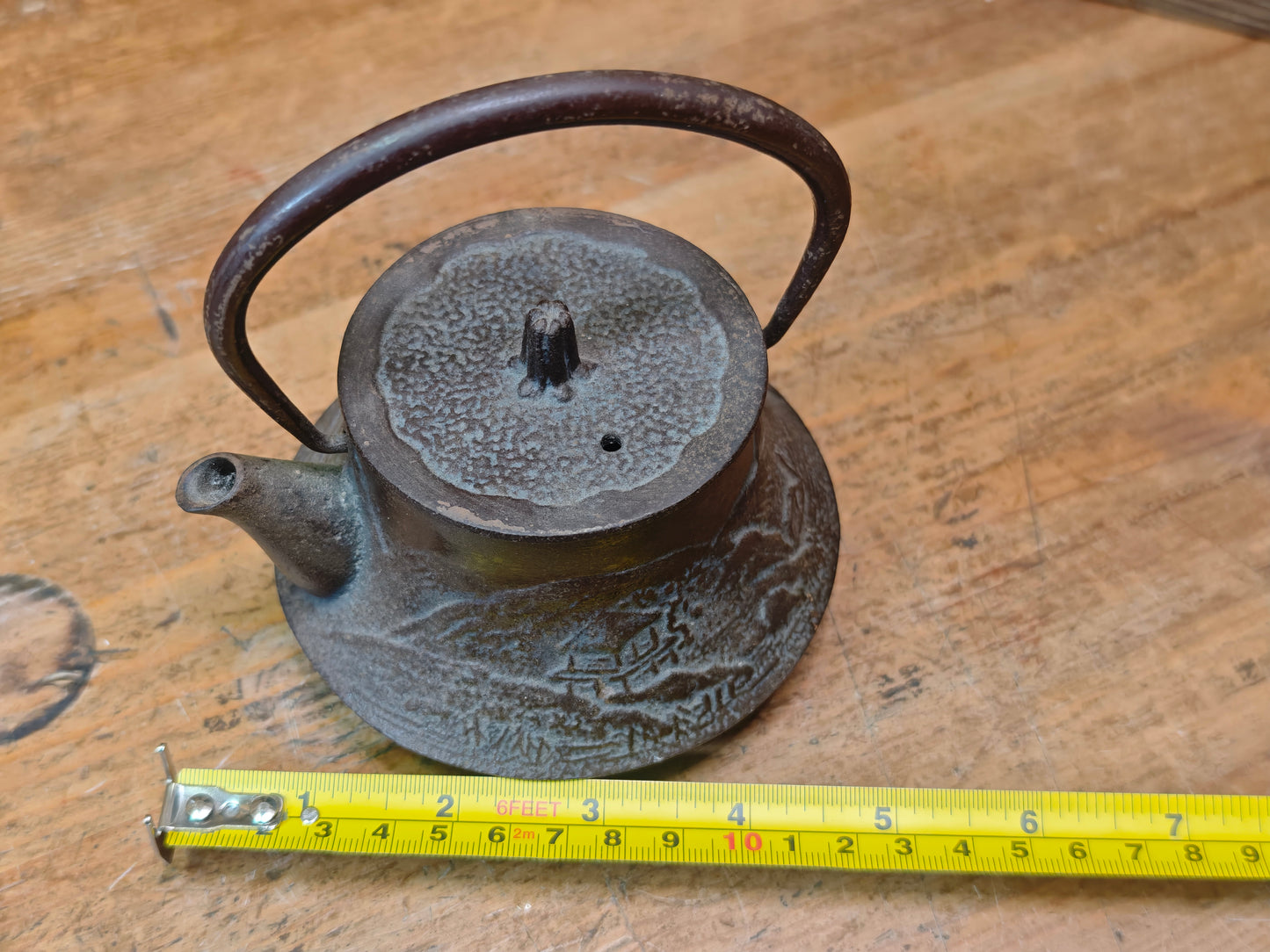 Vintage Japanese Tetsubin 1940s Cast Iron Tea Kettle Hand Engraved
