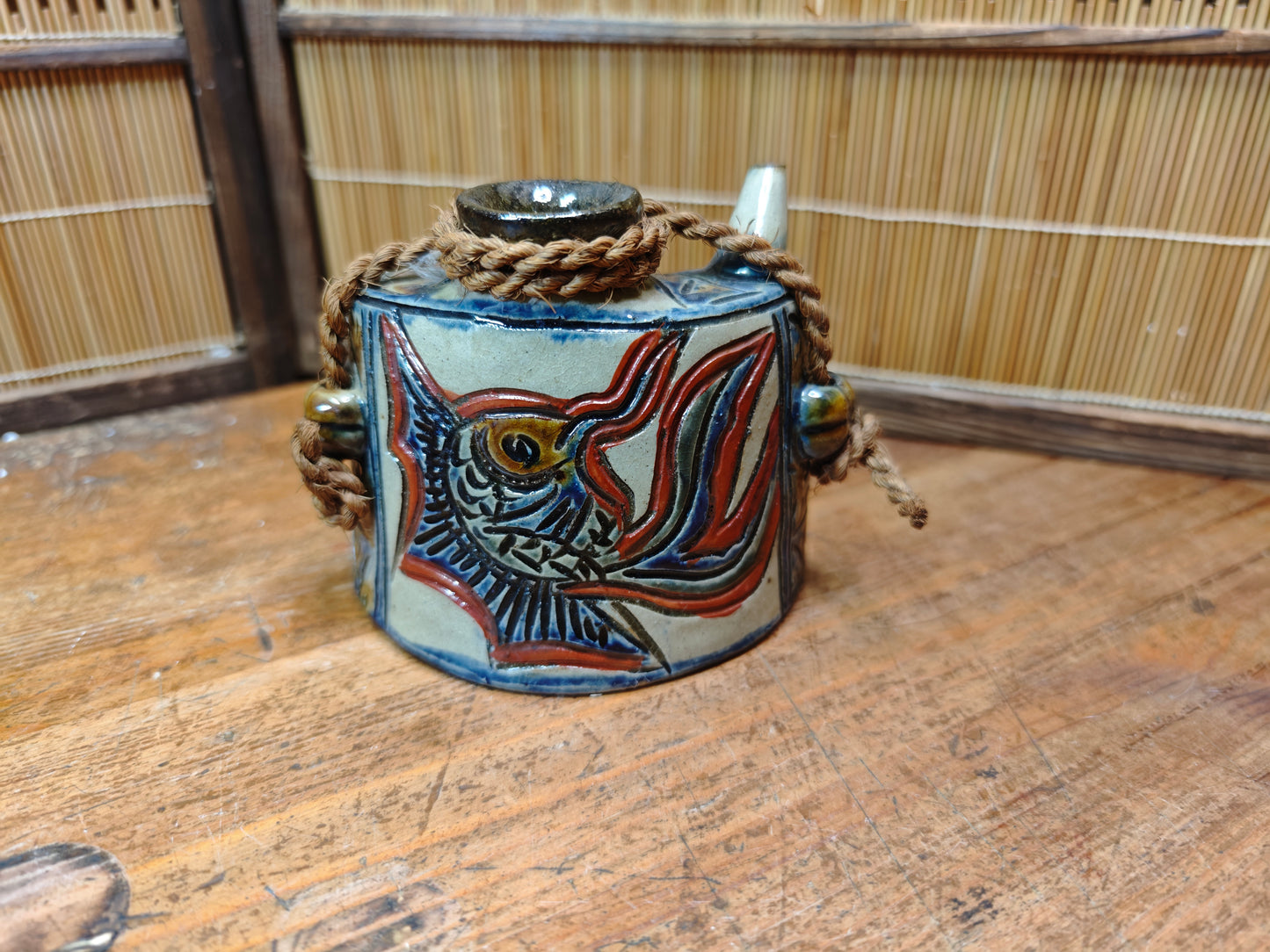 Vintage Okinawa Tsuboya Yaki Ceramic Bottle Hand Painted Japan Pottery