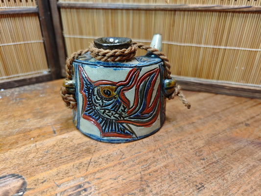 Vintage Okinawa Tsuboya Yaki Ceramic Bottle Hand Painted Japan Pottery