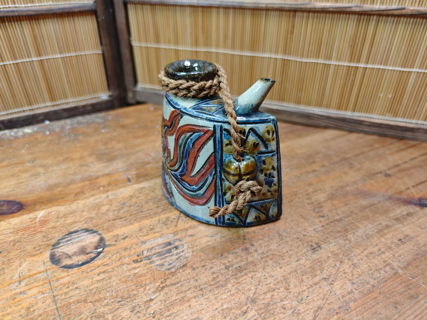 Vintage Okinawa Tsuboya Yaki Ceramic Bottle Hand Painted Japan Pottery