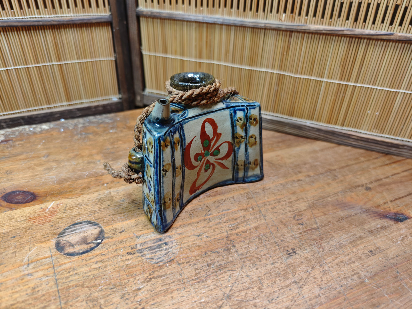 Vintage Okinawa Tsuboya Yaki Ceramic Bottle Hand Painted Japan Pottery