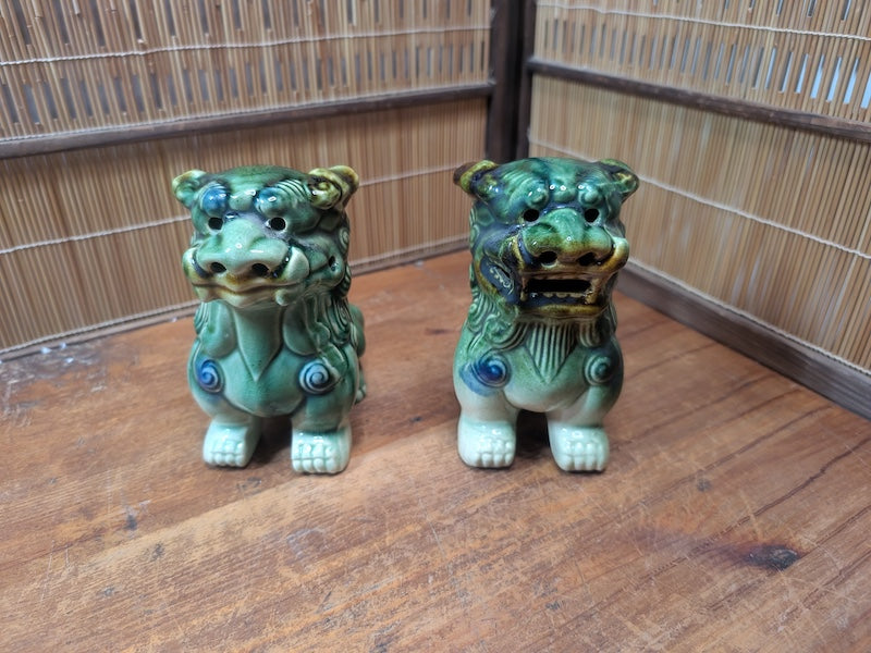 Vintage Okinawan Shisa Lion Pair Ceramic Guardian Statues Japan Folk Art