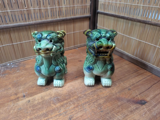 Vintage Okinawan Shisa Lion Pair Ceramic Guardian Statues Japan Folk Art
