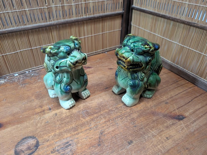 Vintage Okinawan Shisa Lion Pair Ceramic Guardian Statues Japan Folk Art
