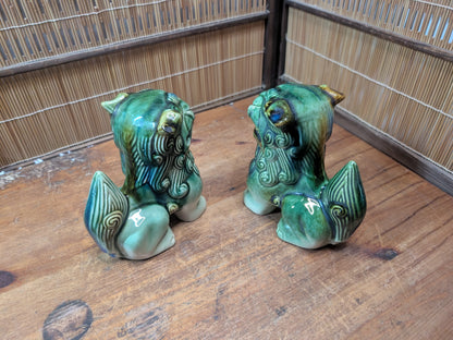 Vintage Okinawan Shisa Lion Pair Ceramic Guardian Statues Japan Folk Art