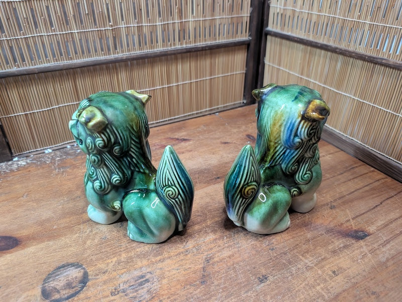 Vintage Okinawan Shisa Lion Pair Ceramic Guardian Statues Japan Folk Art