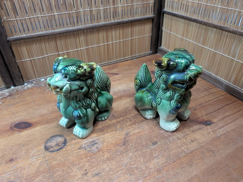 Vintage Okinawan Shisa Lion Pair Ceramic Guardian Statues Japan Folk Art