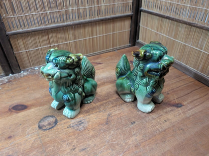 Vintage Okinawan Shisa Lion Pair Ceramic Guardian Statues Japan Folk Art