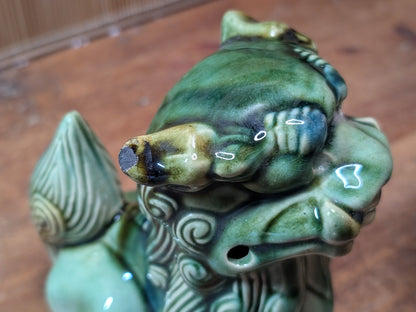 Vintage Okinawan Shisa Lion Pair Ceramic Guardian Statues Japan Folk Art