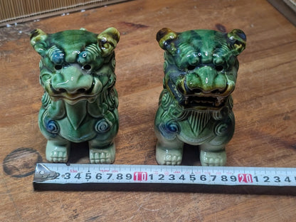 Vintage Okinawan Shisa Lion Pair Ceramic Guardian Statues Japan Folk Art