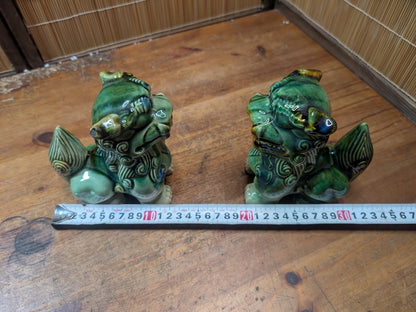 Vintage Okinawan Shisa Lion Pair Ceramic Guardian Statues Japan Folk Art