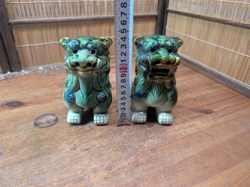 Vintage Okinawan Shisa Lion Pair Ceramic Guardian Statues Japan Folk Art