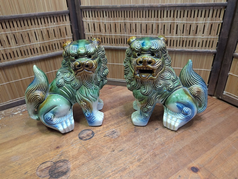 Vintage Okinawan Shisa Lion Pair Large Japanese Ceramic Guardian Statues