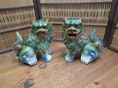 Vintage Okinawan Shisa Lion Pair Large Japanese Ceramic Guardian Statues