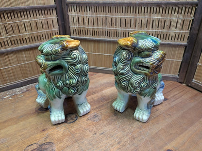 Vintage Okinawan Shisa Lion Pair Large Japanese Ceramic Guardian Statues