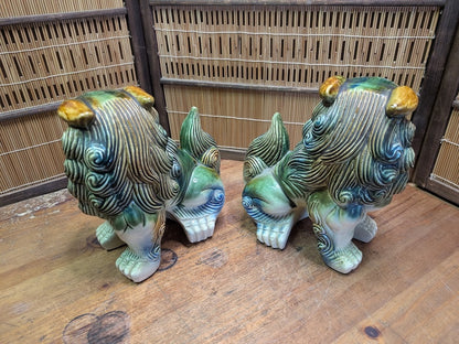 Vintage Okinawan Shisa Lion Pair Large Japanese Ceramic Guardian Statues