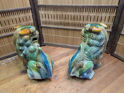 Vintage Okinawan Shisa Lion Pair Large Japanese Ceramic Guardian Statues