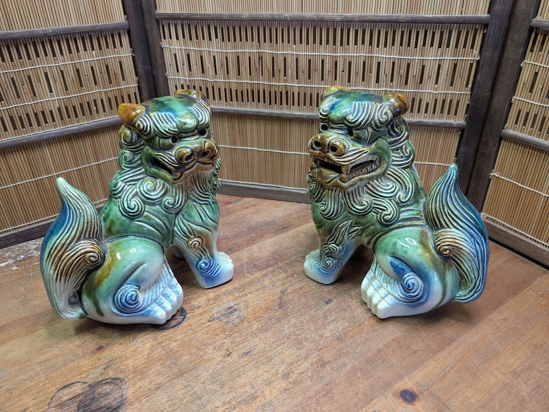 Vintage Okinawan Shisa Lion Pair Large Japanese Ceramic Guardian Statues