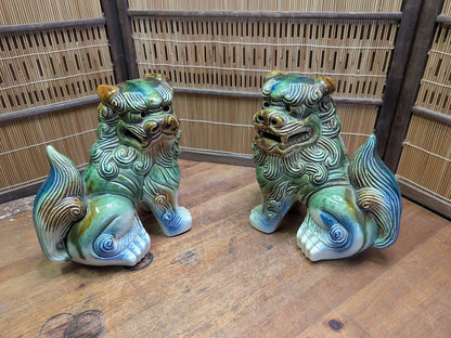 Vintage Okinawan Shisa Lion Pair Large Japanese Ceramic Guardian Statues