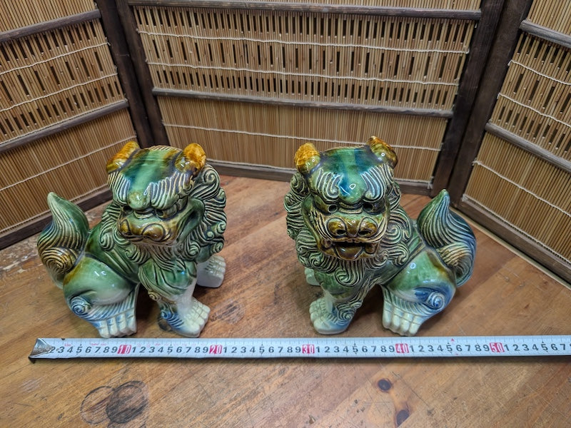 Vintage Okinawan Shisa Lion Pair Large Japanese Ceramic Guardian Statues