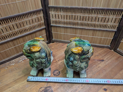 Vintage Okinawan Shisa Lion Pair Large Japanese Ceramic Guardian Statues