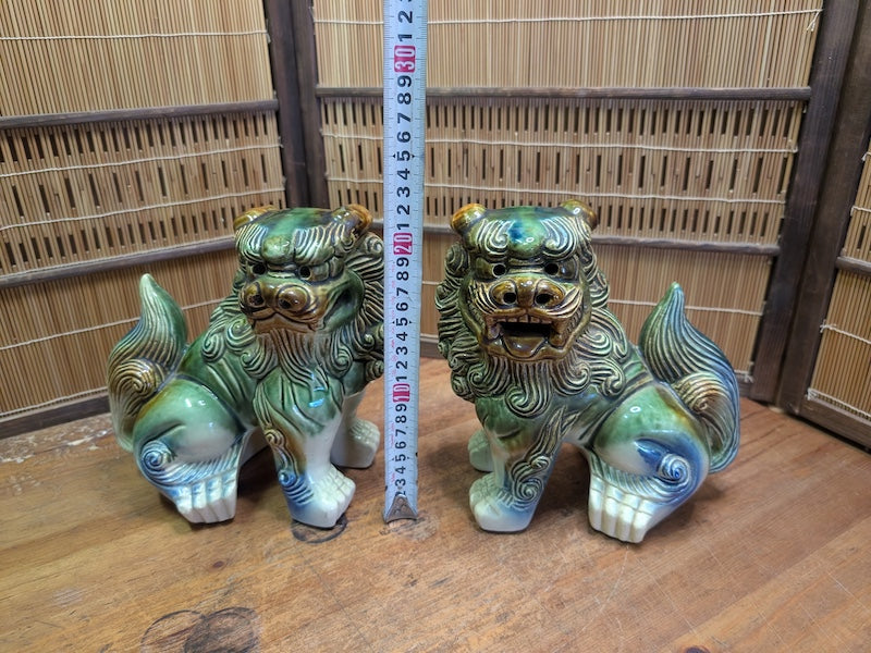 Vintage Okinawan Shisa Lion Pair Large Japanese Ceramic Guardian Statues