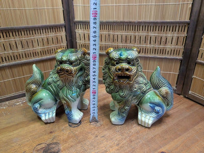 Vintage Okinawan Shisa Lion Pair Large Japanese Ceramic Guardian Statues