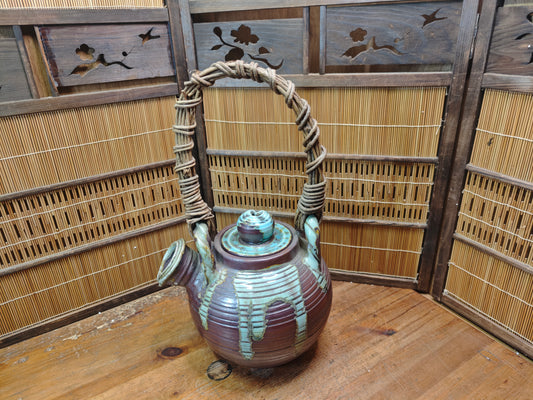 Vintage Shigaraki Teapot Large Japanese Stoneware Wicker Handle Art