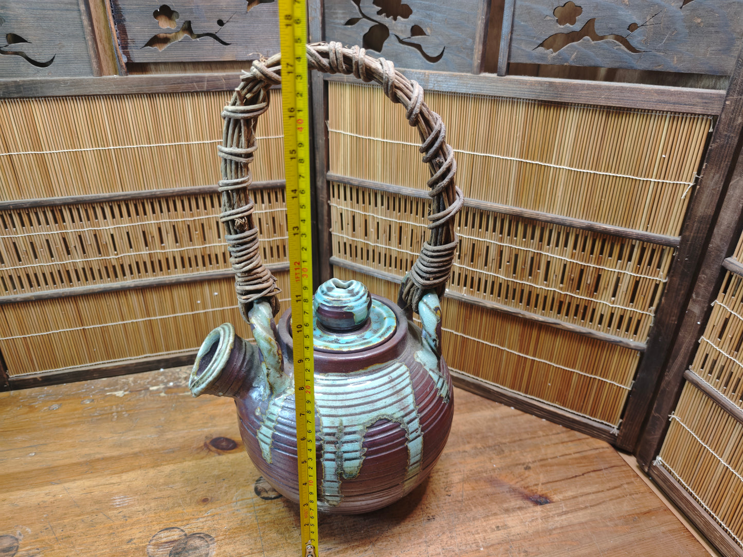 Vintage Shigaraki Teapot Large Japanese Stoneware Wicker Handle Art