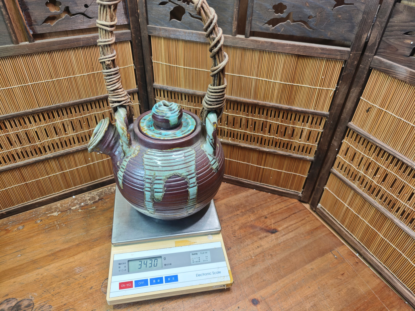 Vintage Shigaraki Teapot Large Japanese Stoneware Wicker Handle Art
