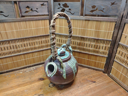 Vintage Shigaraki Teapot Large Japanese Stoneware Wicker Handle Art