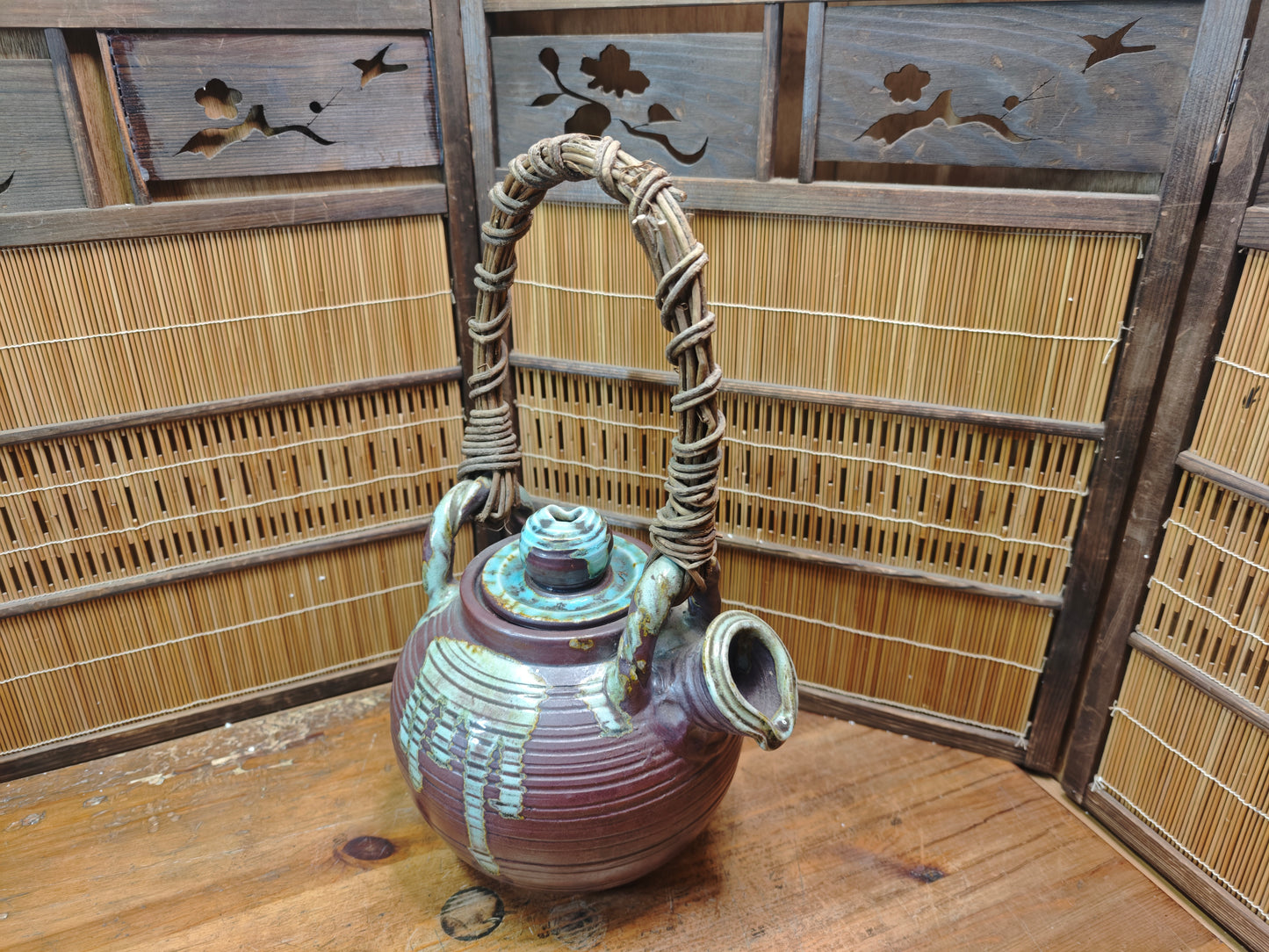 Vintage Shigaraki Teapot Large Japanese Stoneware Wicker Handle Art