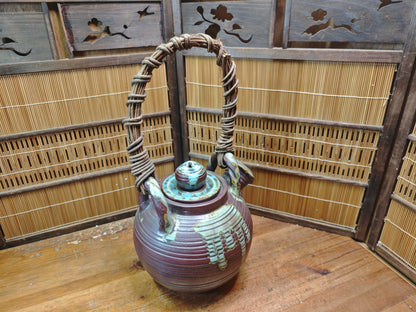 Vintage Shigaraki Teapot Large Japanese Stoneware Wicker Handle Art