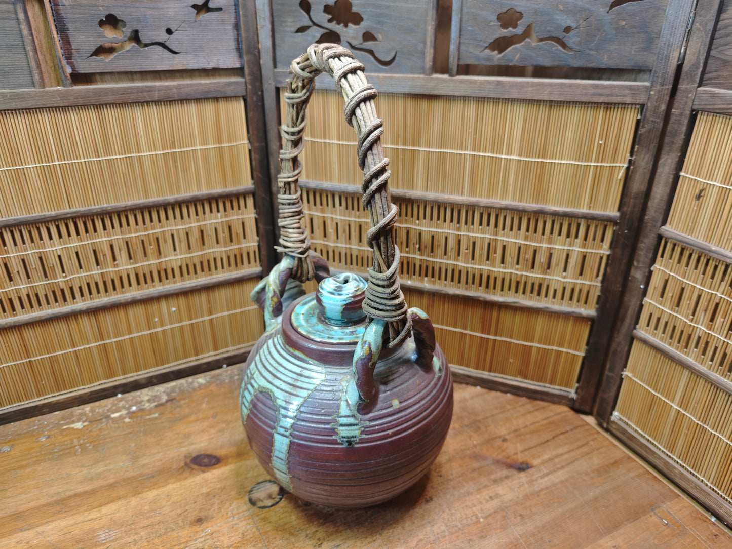 Vintage Shigaraki Teapot Large Japanese Stoneware Wicker Handle Art