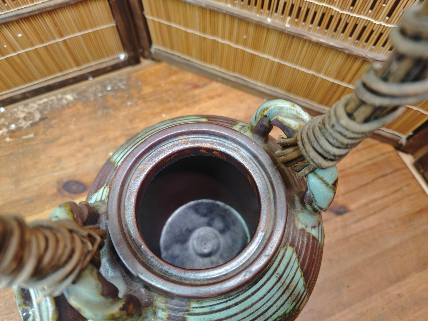 Vintage Shigaraki Teapot Large Japanese Stoneware Wicker Handle Art