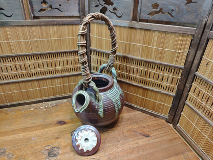 Vintage Shigaraki Teapot Large Japanese Stoneware Wicker Handle Art