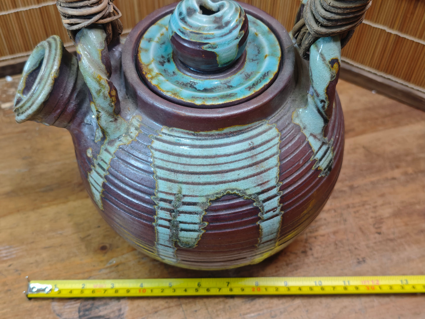 Vintage Shigaraki Teapot Large Japanese Stoneware Wicker Handle Art