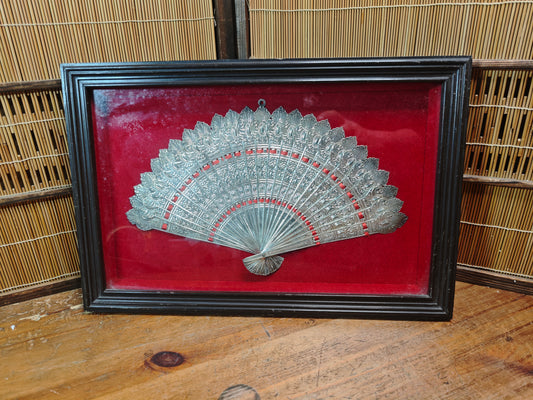 Vintage Silver Filigree Fan Framed Brise Wall Art Asian Decor 1960s Rare