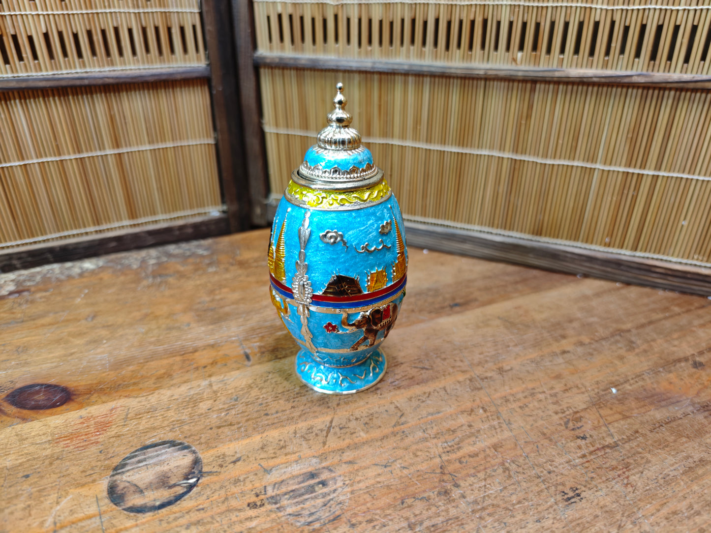 Vintage Thai Enamel Automatic Toothpick Holder Temple Elephant