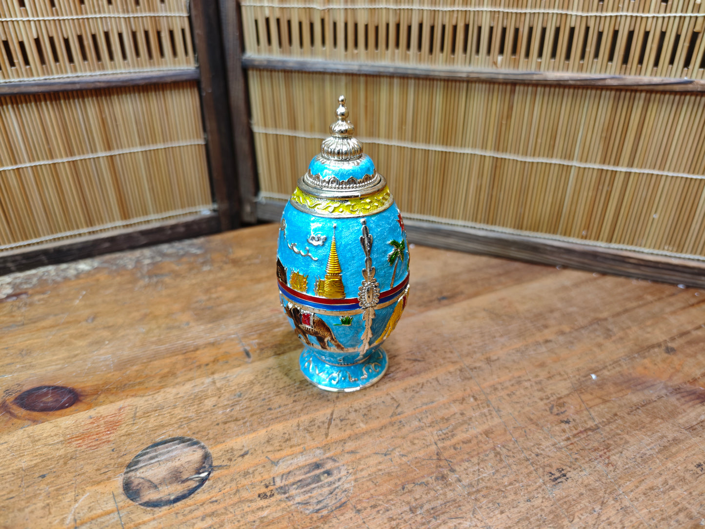 Vintage Thai Enamel Automatic Toothpick Holder Temple Elephant