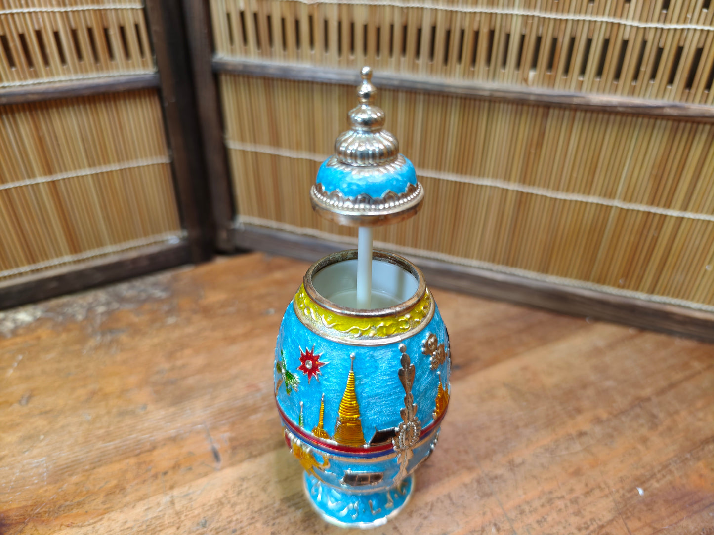 Vintage Thai Enamel Automatic Toothpick Holder Temple Elephant