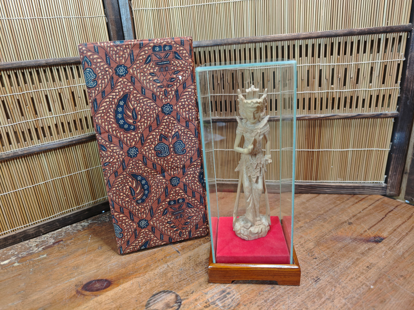 Vintage Thai Wooden Devata Statue in Case Hand Carved Temple Figure