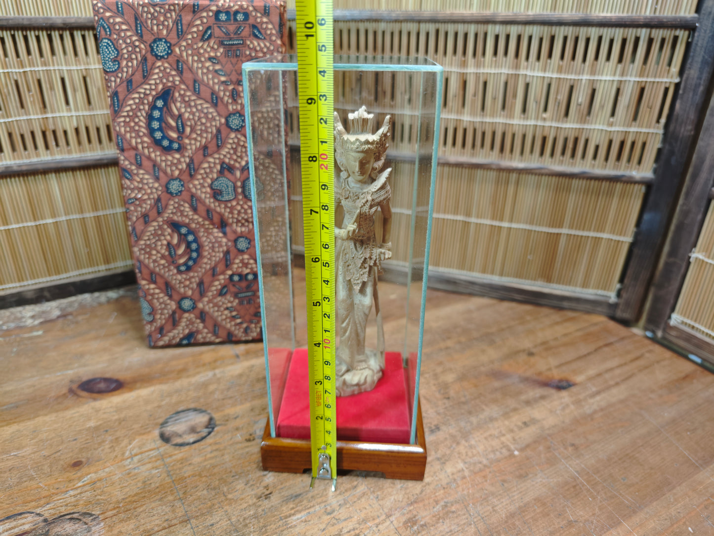 Vintage Thai Wooden Devata Statue in Case Hand Carved Temple Figure