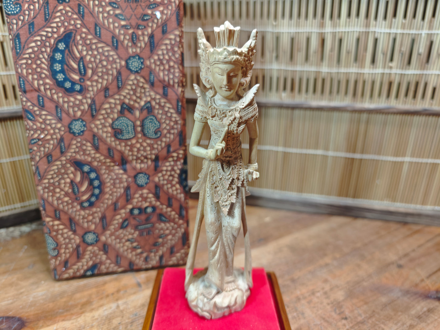 Vintage Thai Wooden Devata Statue in Case Hand Carved Temple Figure