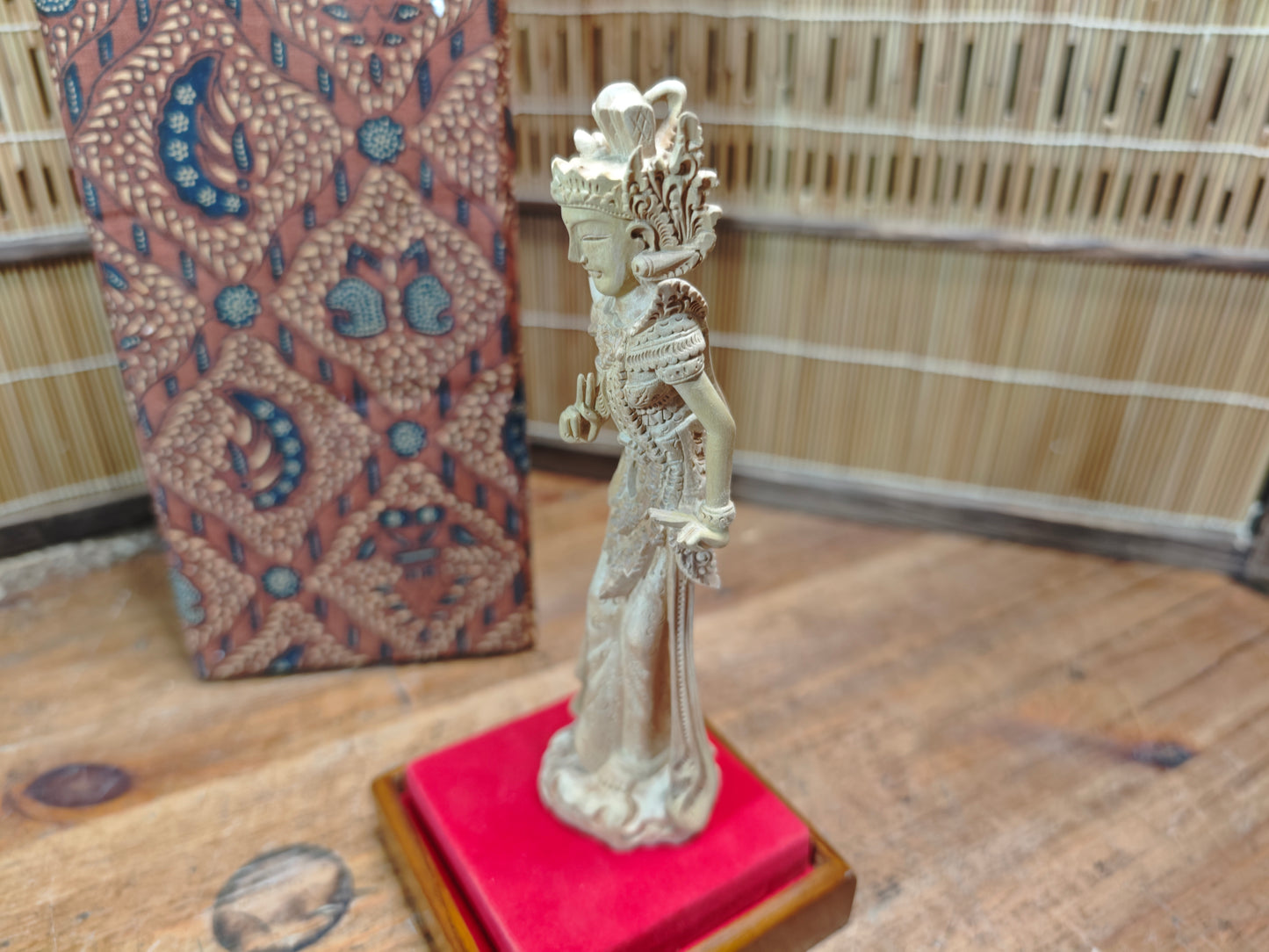 Vintage Thai Wooden Devata Statue in Case Hand Carved Temple Figure