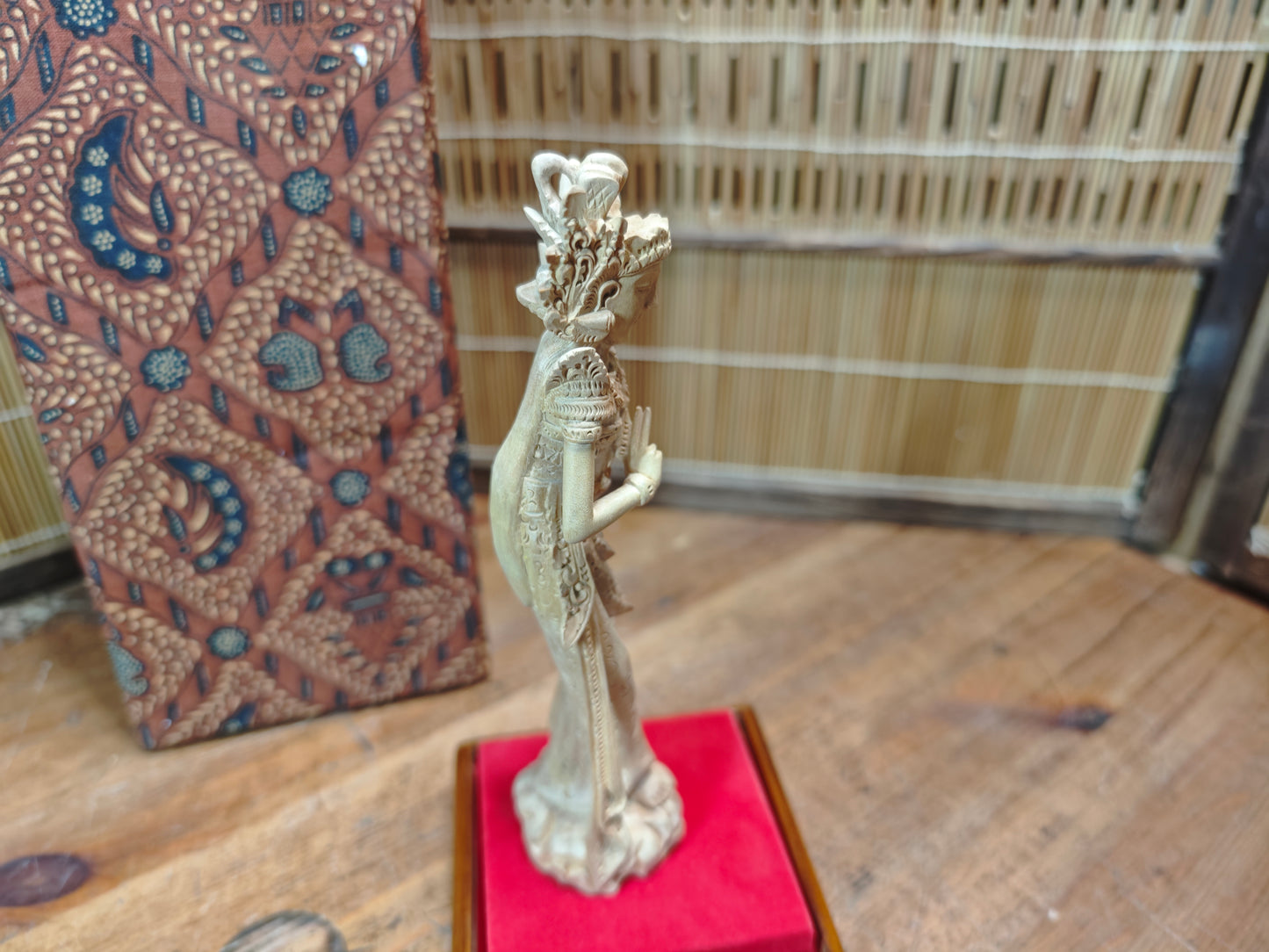 Vintage Thai Wooden Devata Statue in Case Hand Carved Temple Figure