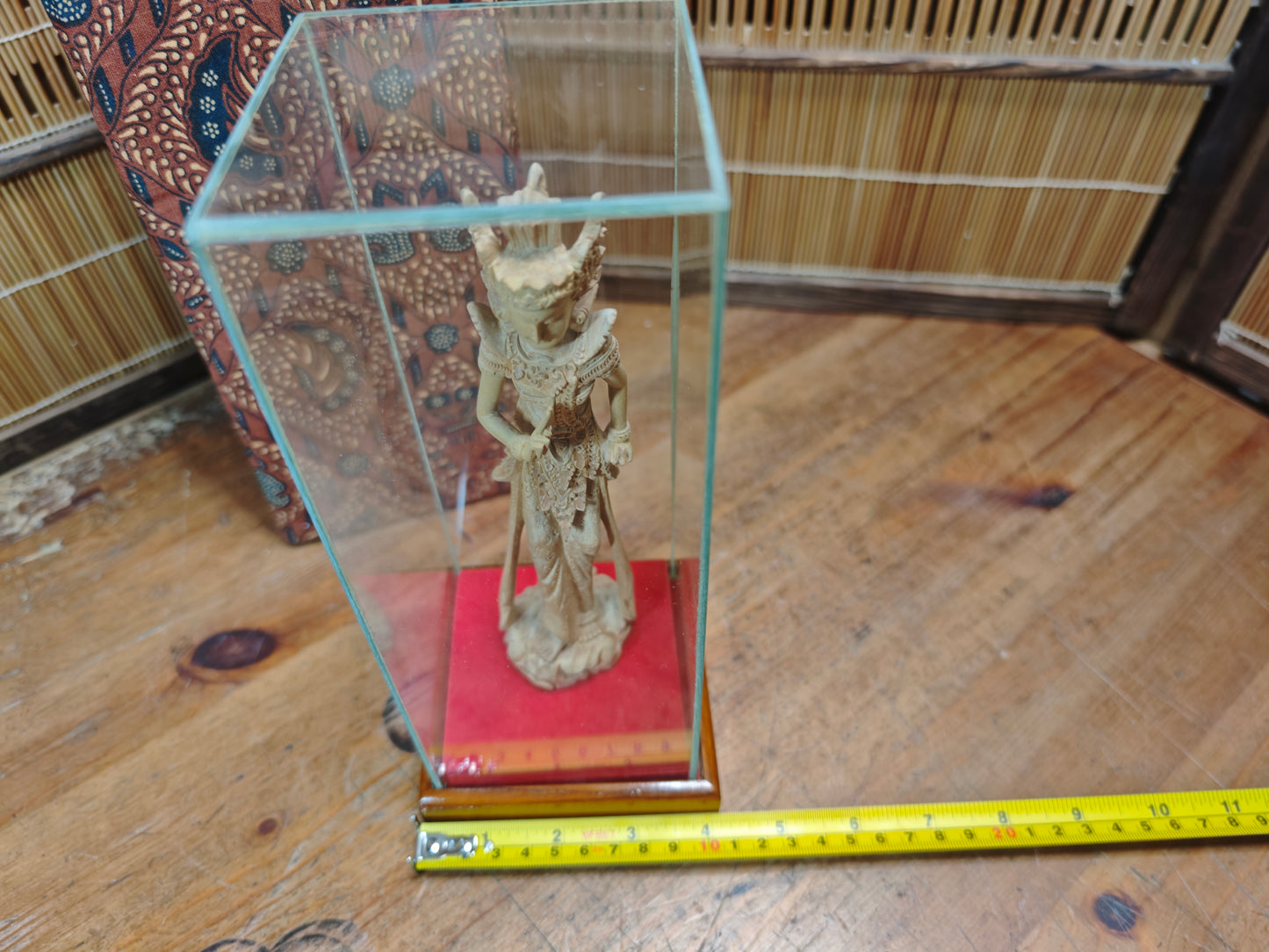 Vintage Thai Wooden Devata Statue in Case Hand Carved Temple Figure
